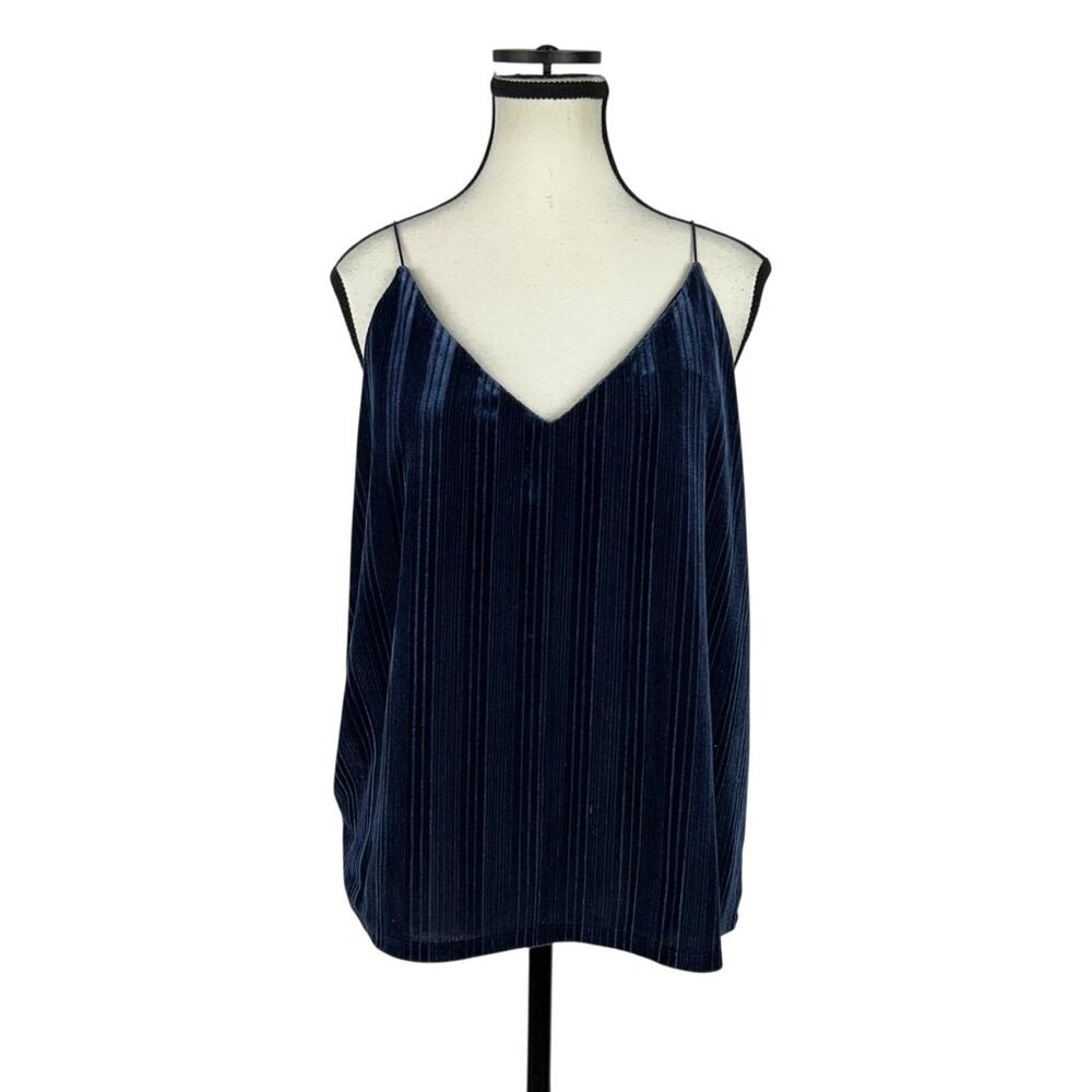 Leith Velvet Cami Top Women XL Blue Pleated Tank Spaghetti Strap Y2k Eveningwear - Picture 4 of 9